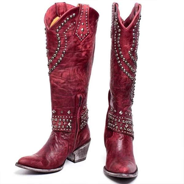 High boots with metal studs and cobby heel