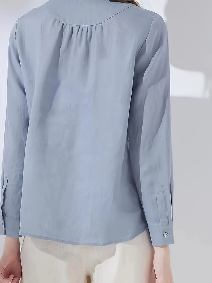 Women's - Linen Shirt - Light Blue Long-Sleeved with Split Sleeves - Elegant and Comfortable Style
