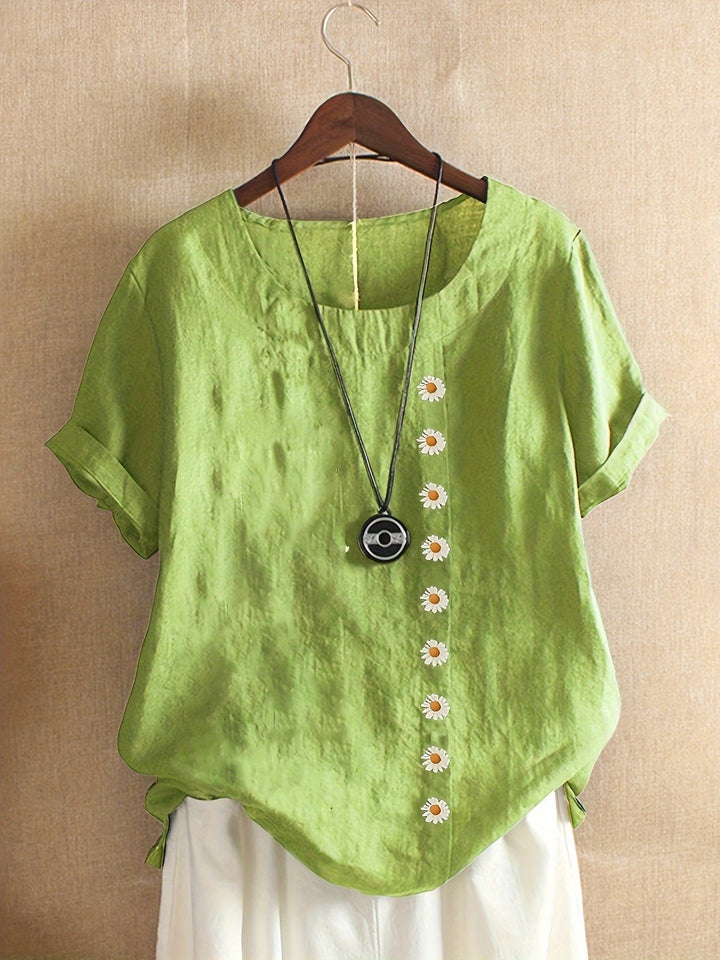 Women's - Oversized Linen Blouse - Casual Short-Sleeved Jumper Shirt with Print - Stylish Summer Top