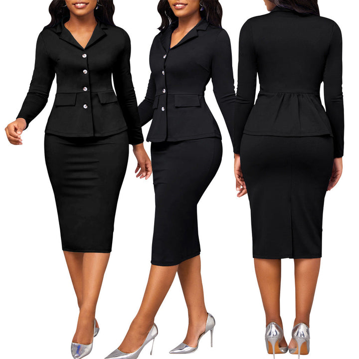 Two-piece ladies' suit with white collar and long sleeves