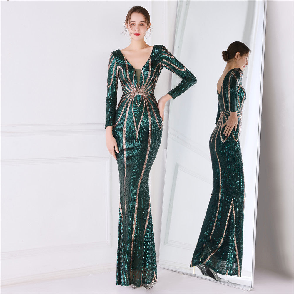 Banquet Elegant Long Sleeve Aura Queen Fishtail Dress with Sequins