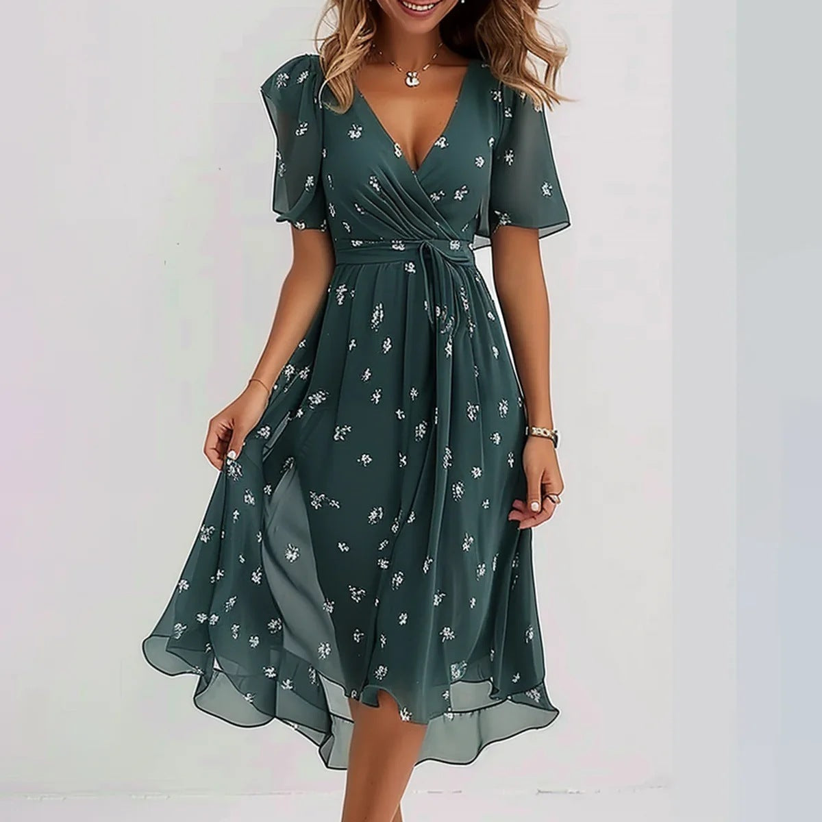 Women's - Elegant Floral Midi Dress - Lightweight & Stylish