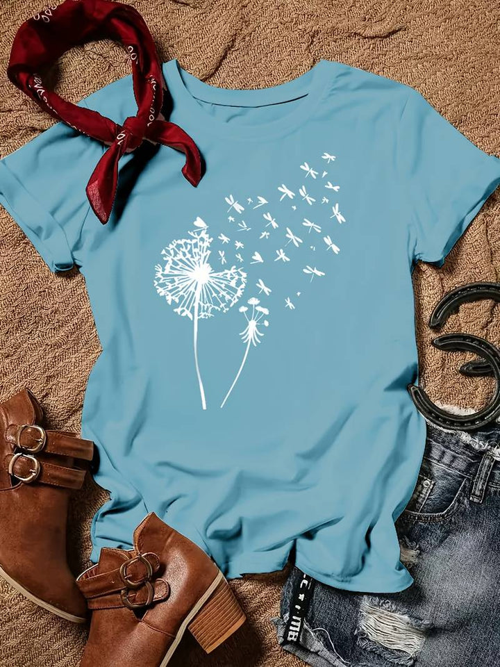 T-shirt with dandelion print and round neckline