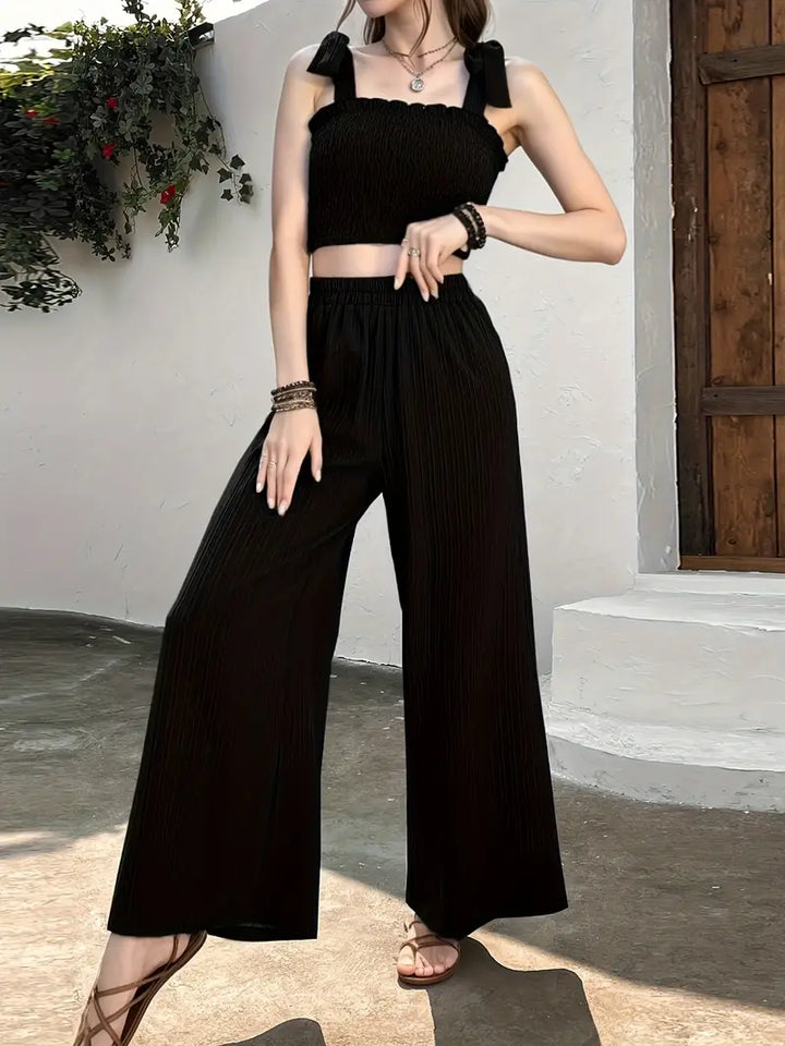 Cropped Top With Ruffles and Wide Trousers in a Set