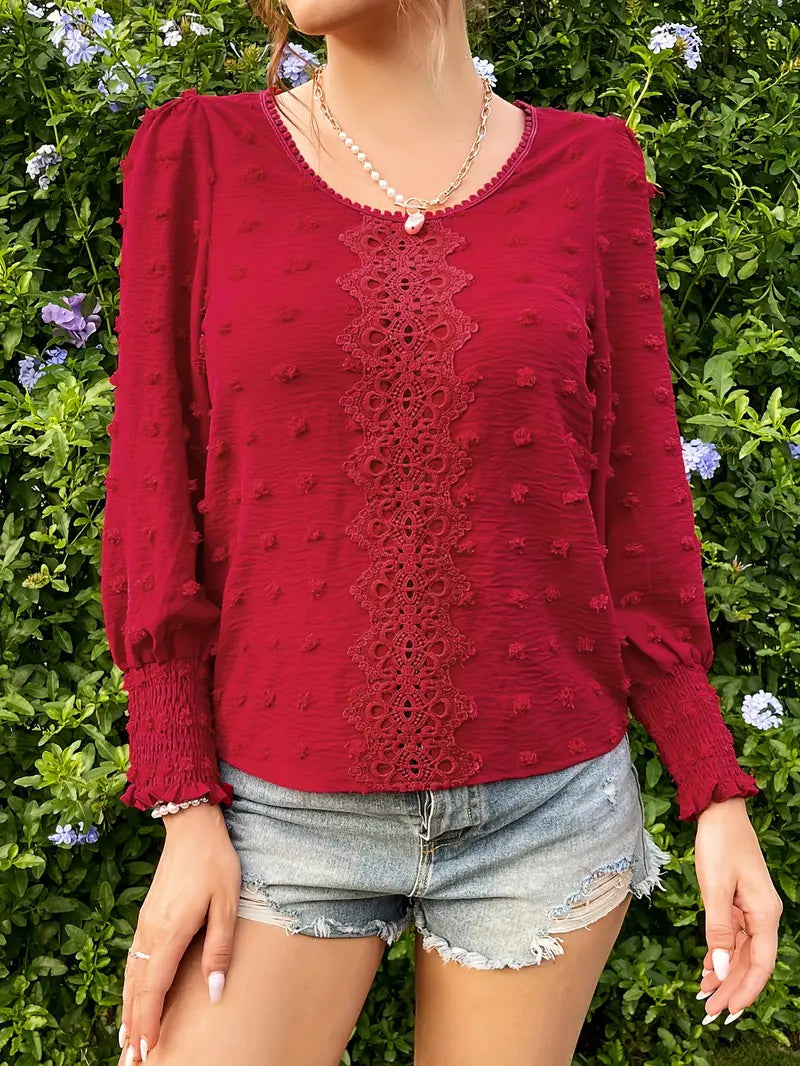 Elegant Blouse With Swiss Dots and a Round Neckline