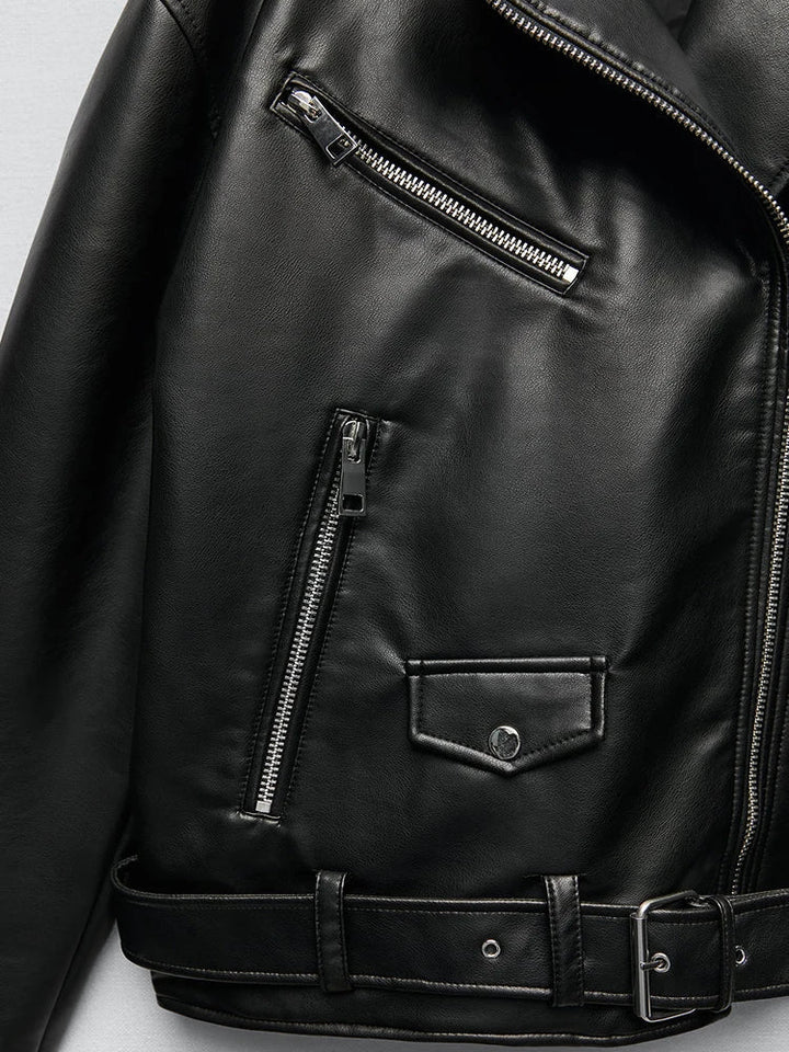 Women's biker jacket made from vegan leather - Loose-fitting biker jacket with belt