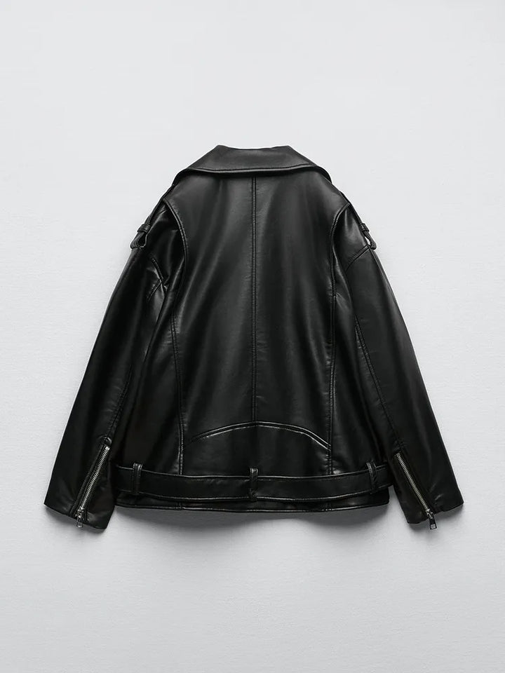 Women's biker jacket made from vegan leather - Loose-fitting biker jacket with belt