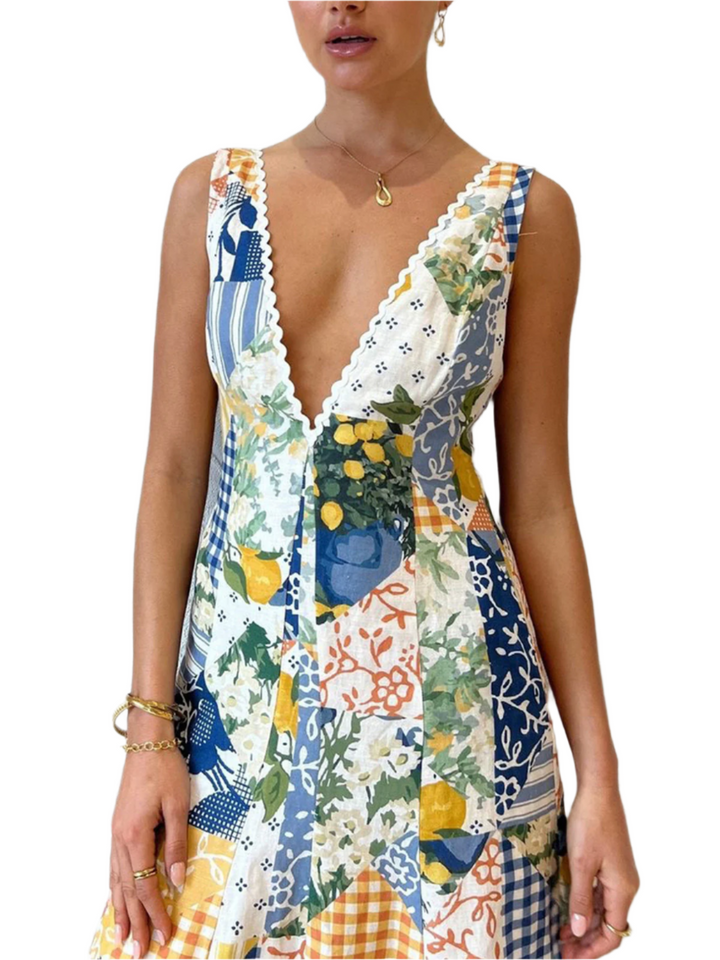 Women's - Maxi Dress - Lemonade Print with Lace Hem - Stylish Summer Dress for Women