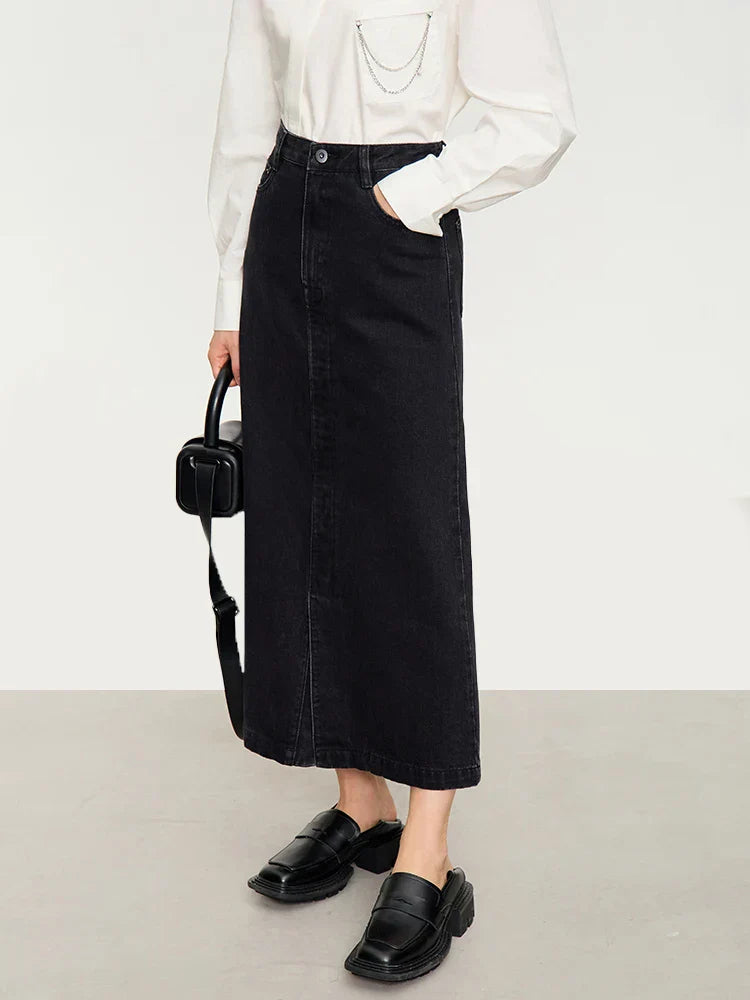 Minimalist 2023 Autumn New Black Denim Skirts Retro Basics Casual Office Lady Female A-Line Ankle-length Skirt 12343167