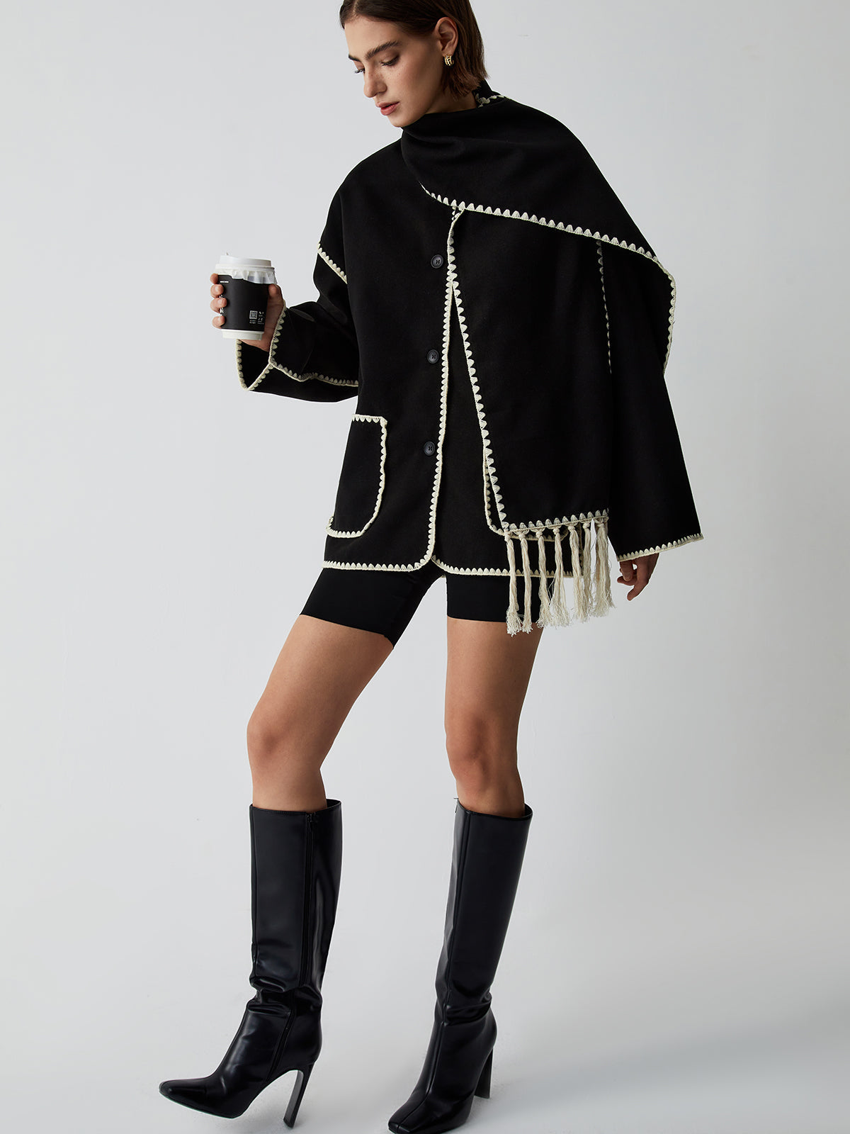 Women's - Contrast Trim Jack/Jersey with Scarf - Stylish & Versatile Layering Piece