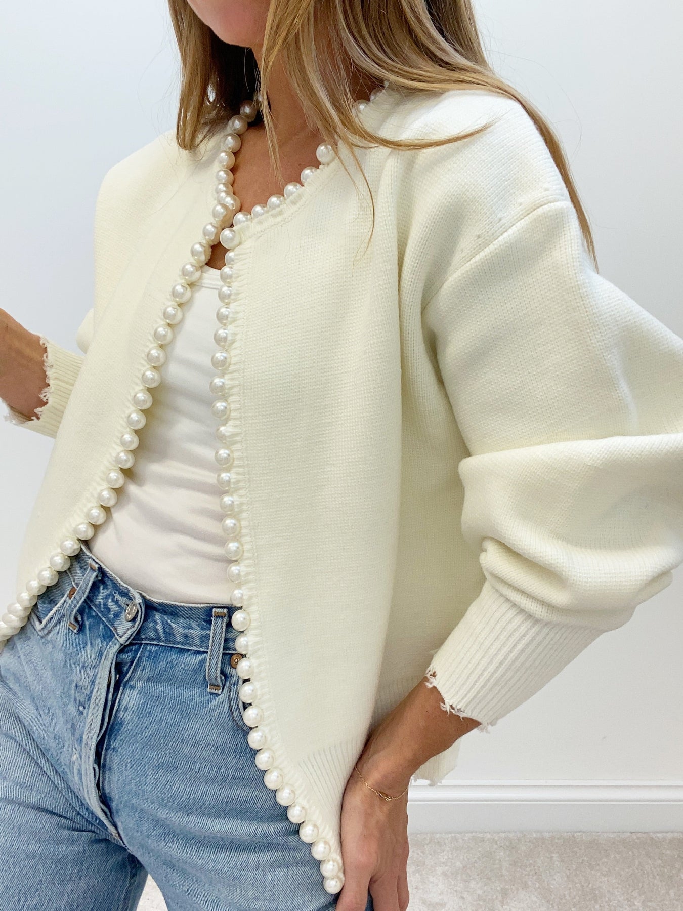 Women's - Pearl Trim Ripped Hem Cardigan - Knit Blend - Stylish Knitwear - Chic Layering Essential