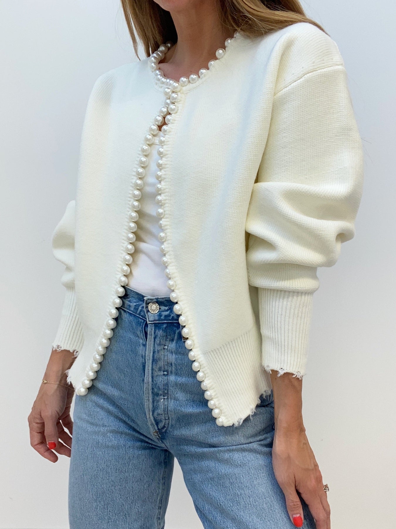 Women's - Pearl Trim Ripped Hem Cardigan - Knit Blend - Stylish Knitwear - Chic Layering Essential