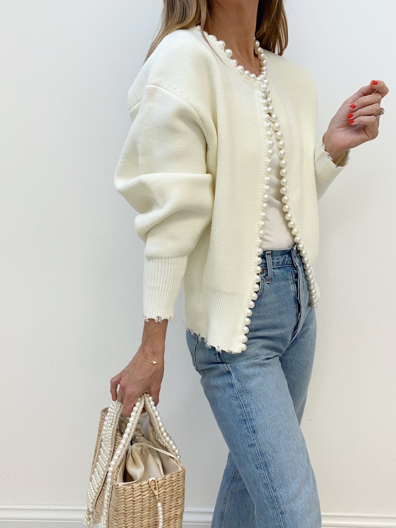 Women's - Pearl Trim Ripped Hem Cardigan - Knit Blend - Stylish Knitwear - Chic Layering Essential