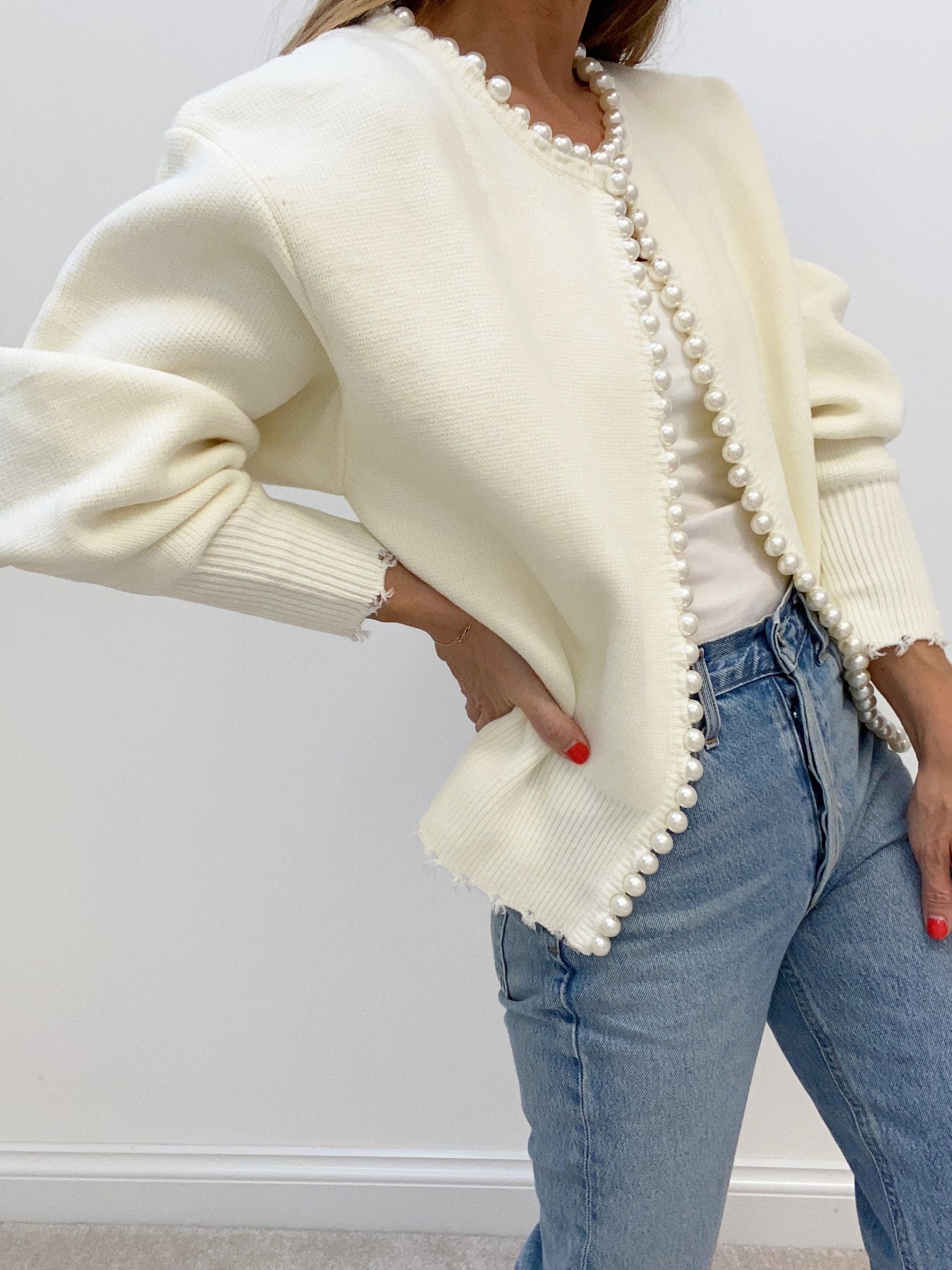 Women's - Pearl Trim Ripped Hem Cardigan - Knit Blend - Stylish Knitwear - Chic Layering Essential