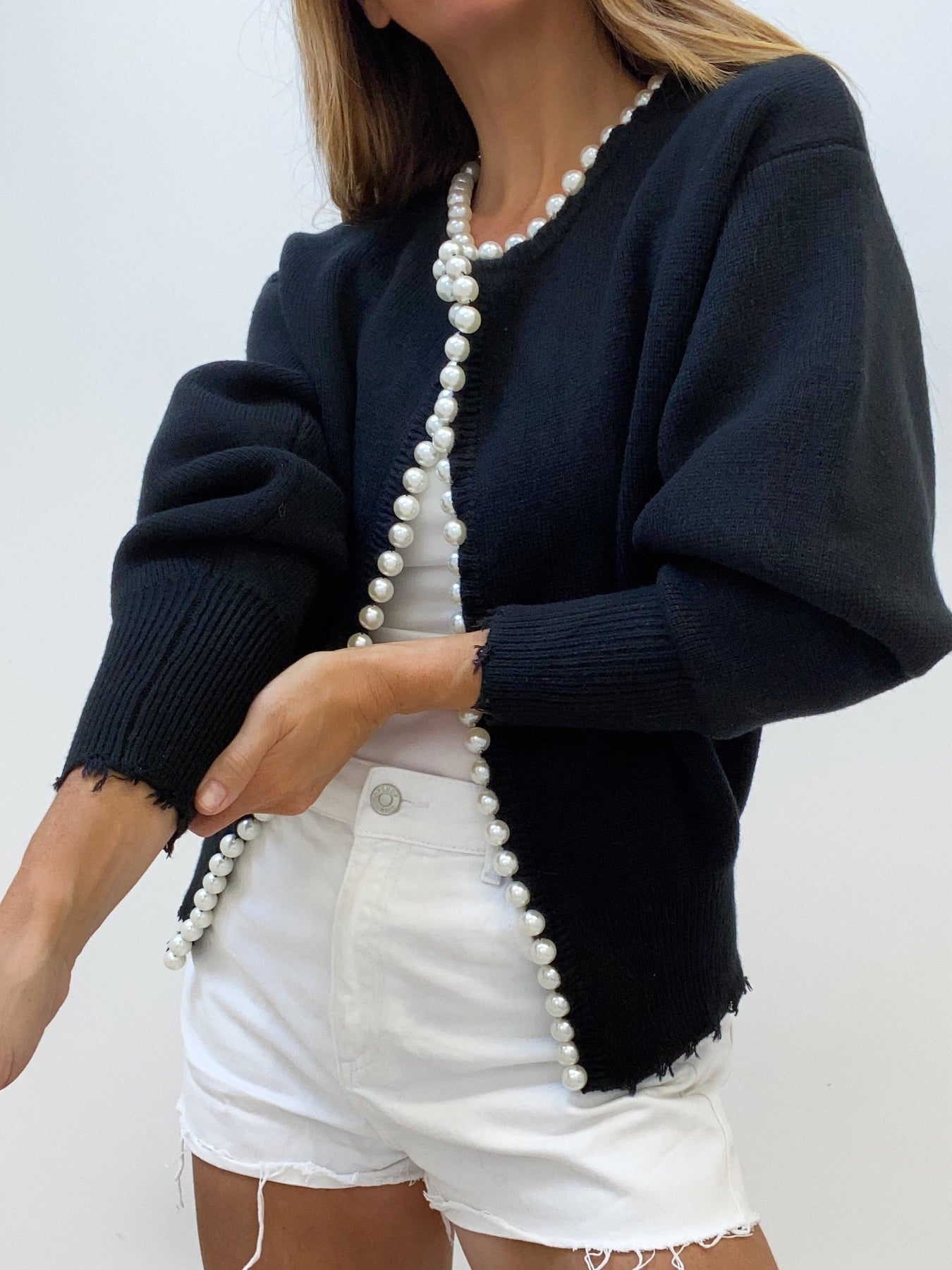 Women's - Pearl Trim Ripped Hem Cardigan - Knit Blend - Stylish Knitwear - Chic Layering Essential
