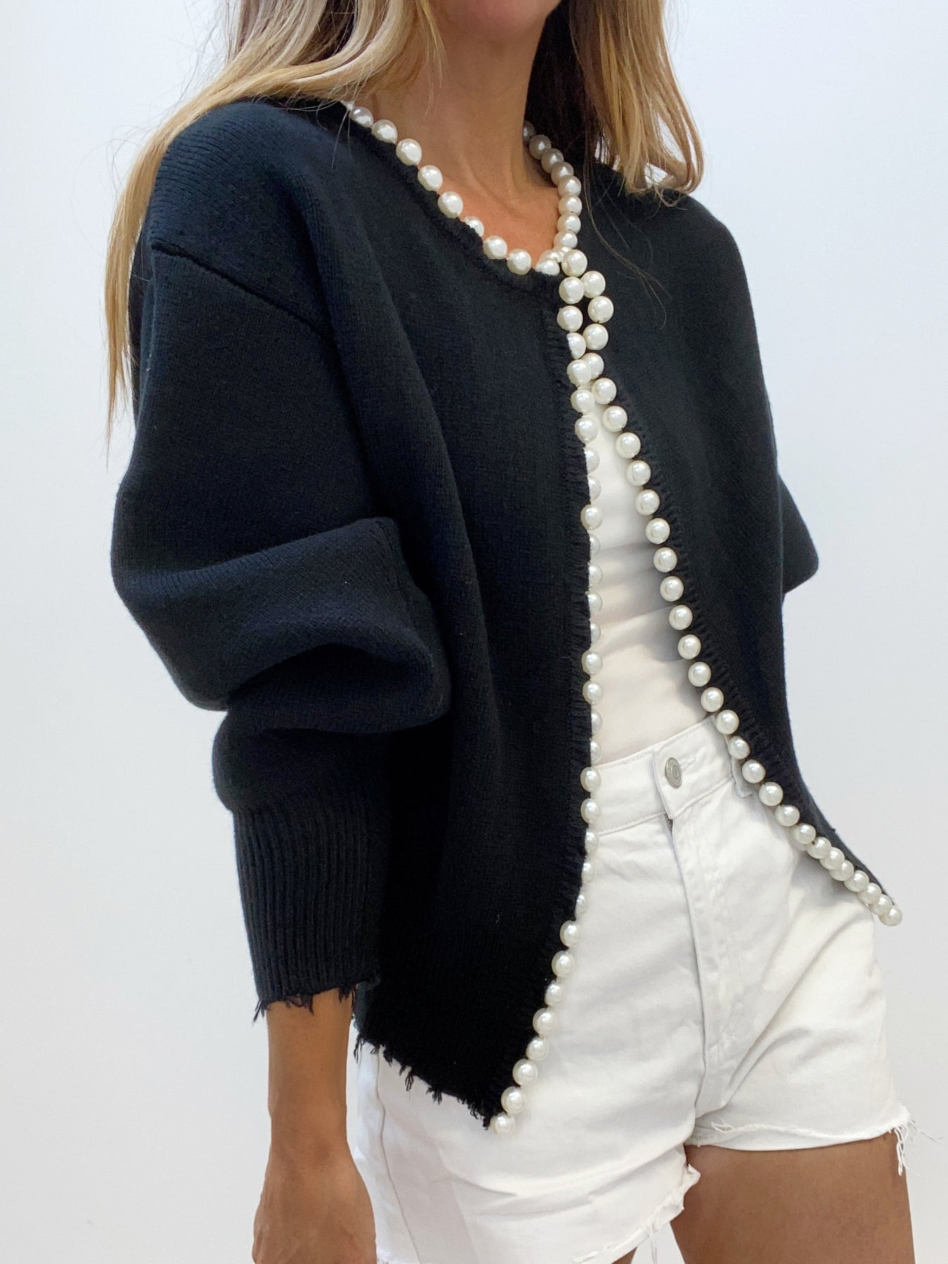 Women's - Pearl Trim Ripped Hem Cardigan - Knit Blend - Stylish Knitwear - Chic Layering Essential