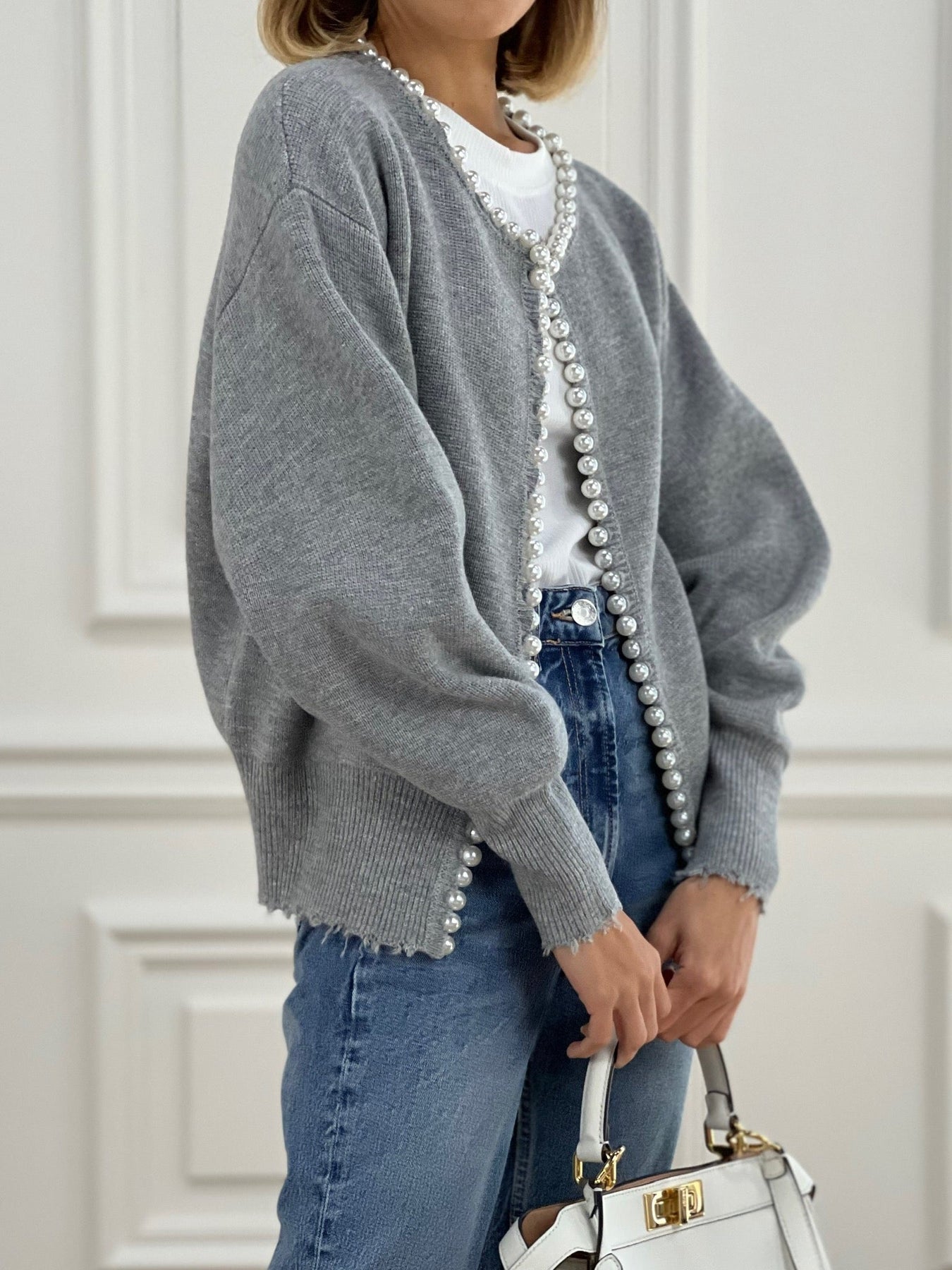 Women's - Pearl Trim Ripped Hem Cardigan - Knit Blend - Stylish Knitwear - Chic Layering Essential
