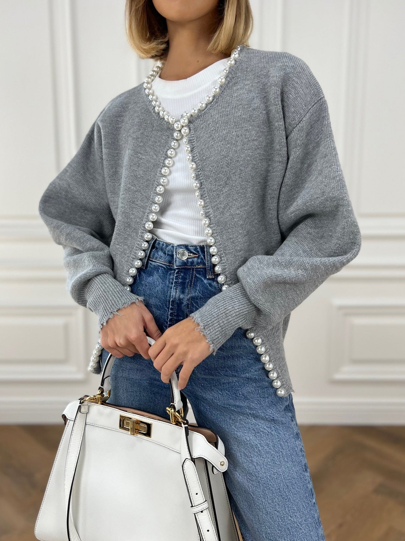 Women's - Pearl Trim Ripped Hem Cardigan - Knit Blend - Stylish Knitwear - Chic Layering Essential