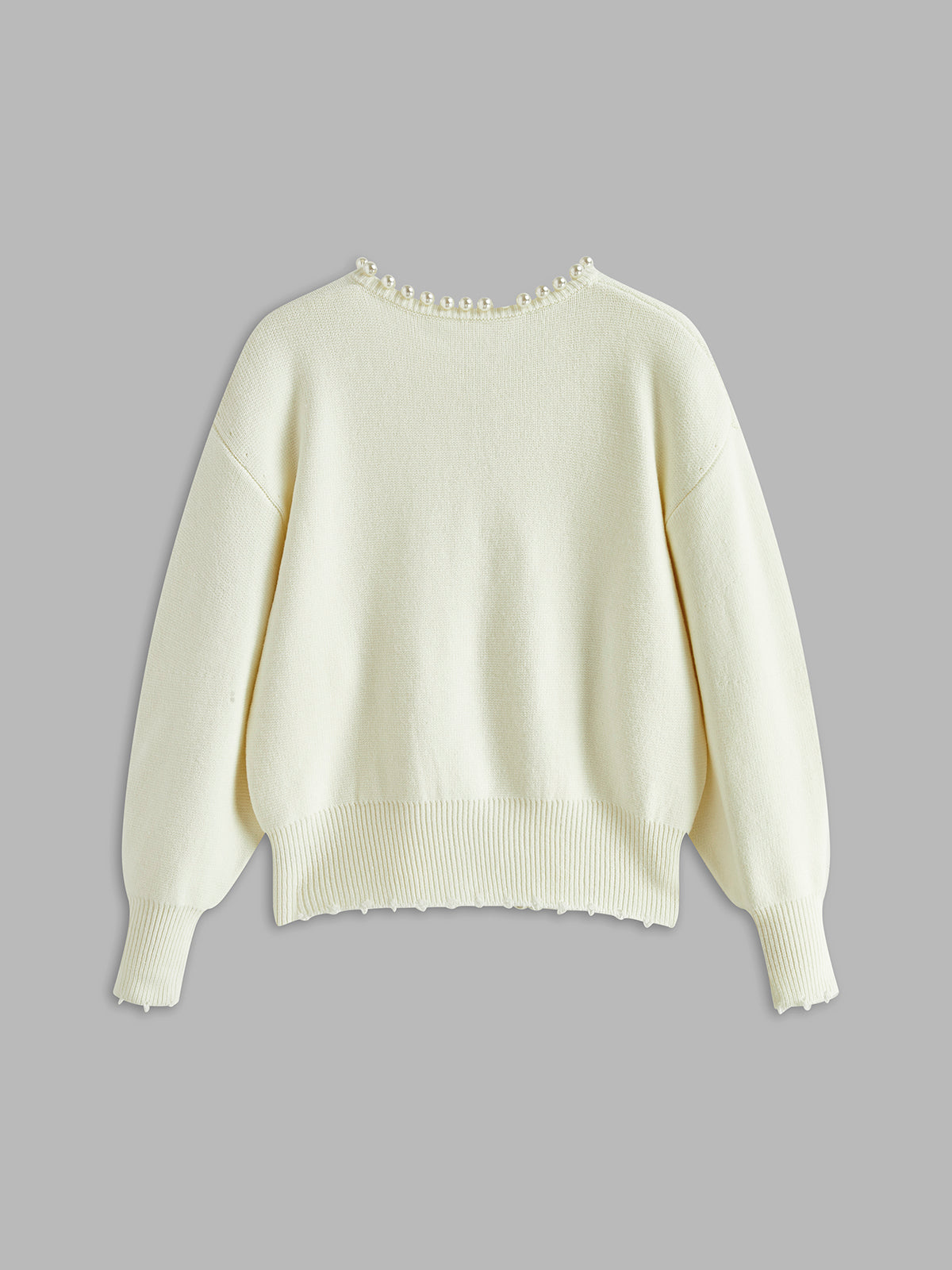 Women's - Pearl Trim Ripped Hem Cardigan - Knit Blend - Stylish Knitwear - Chic Layering Essential
