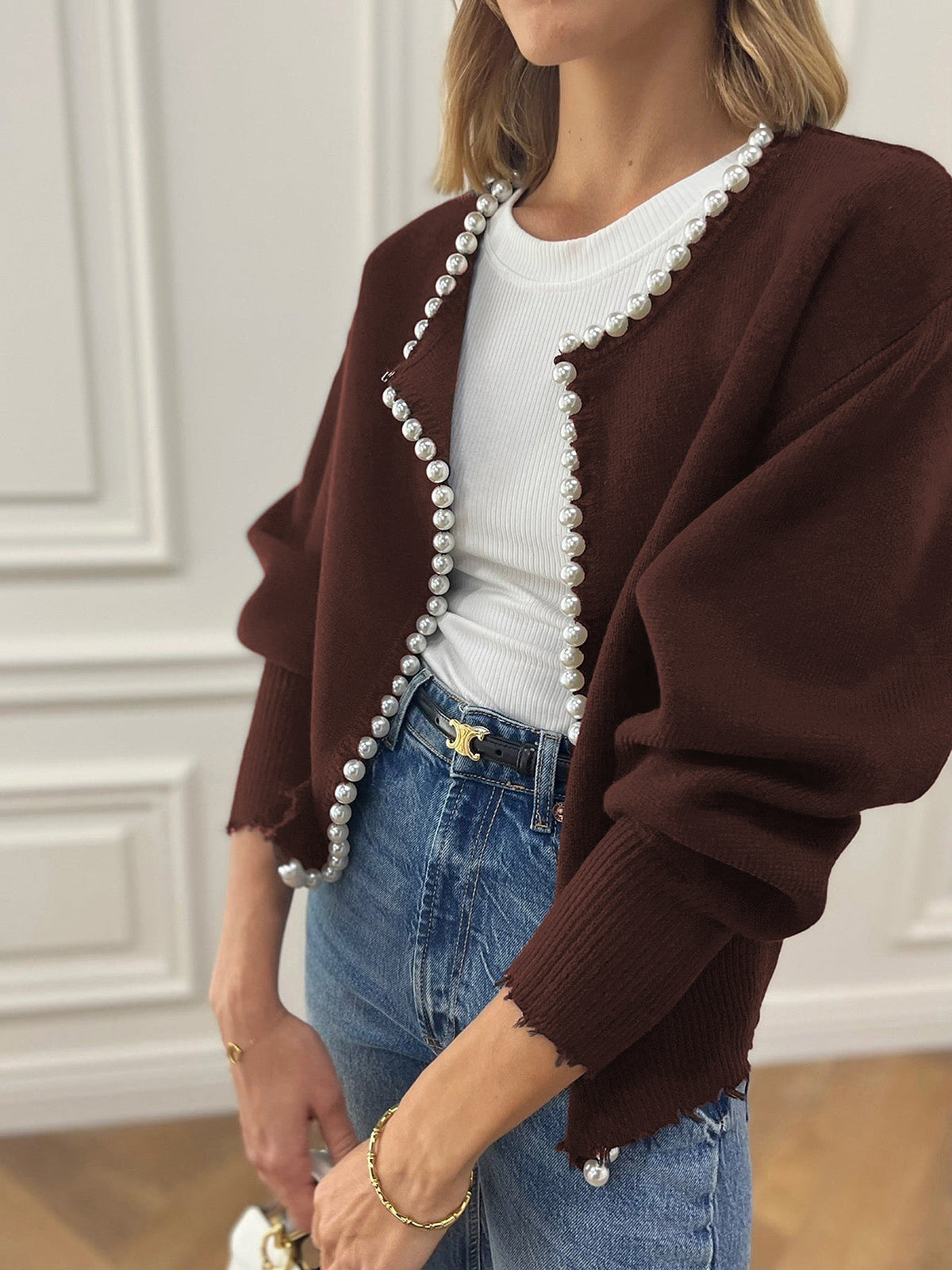 Women's - Pearl Trim Ripped Hem Cardigan - Knit Blend - Stylish Knitwear - Chic Layering Essential
