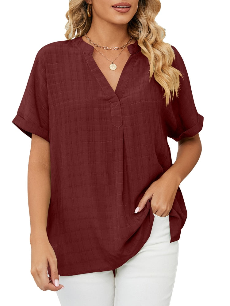 Short-sleeved chiffon shirt with V-neckline