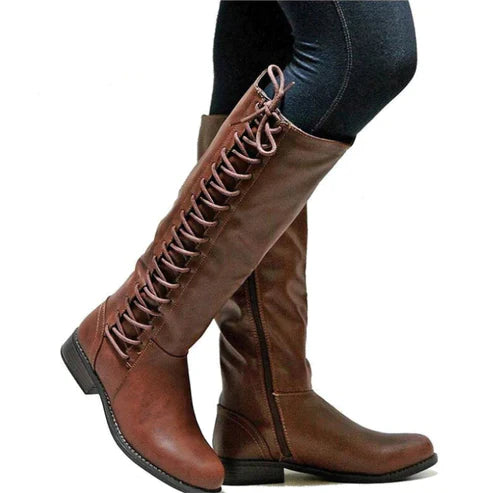 Women's - Knee-High Lace-Up Boots - Flat Style