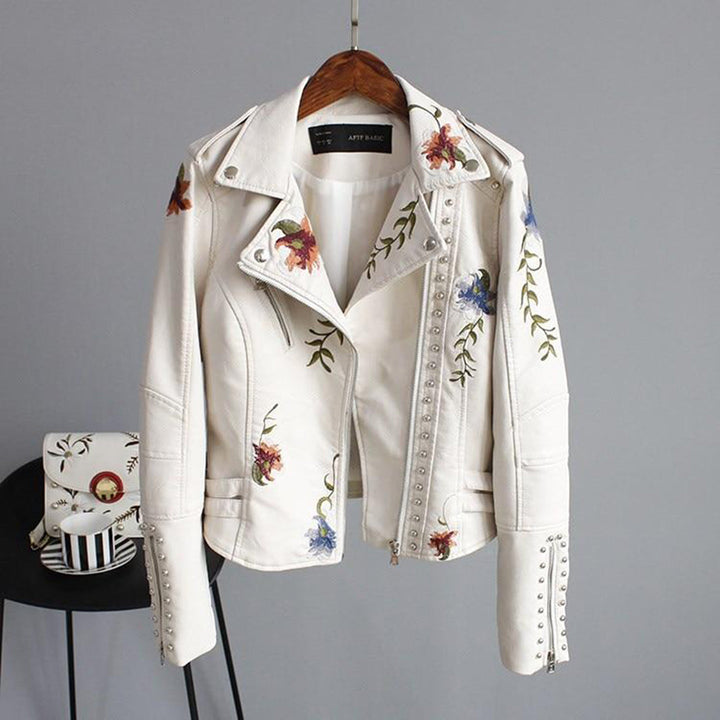 Streetwear jacket in soft leather with floral pattern