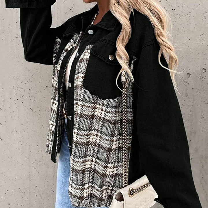 Fashionable chequered oversized denim jacket for women