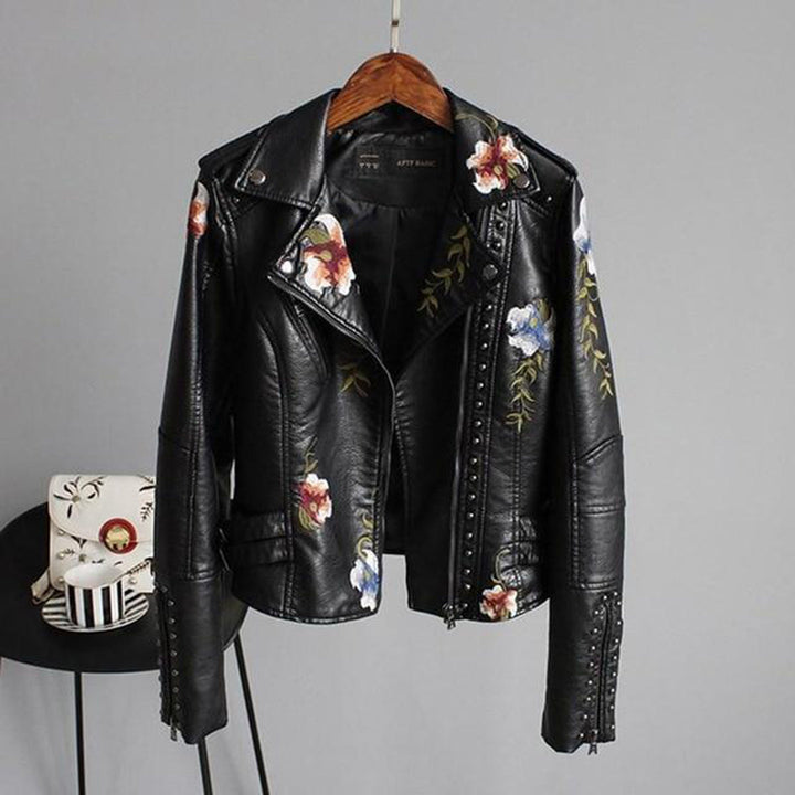 Streetwear jacket in soft leather with floral pattern