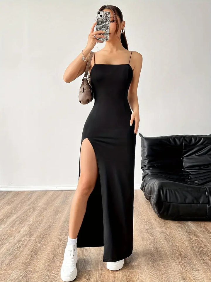 Women's - Elegant Backless Summer Dress - Figure-Hugging Spaghetti Strap with Slit - Perfect for Warm Weather Outings