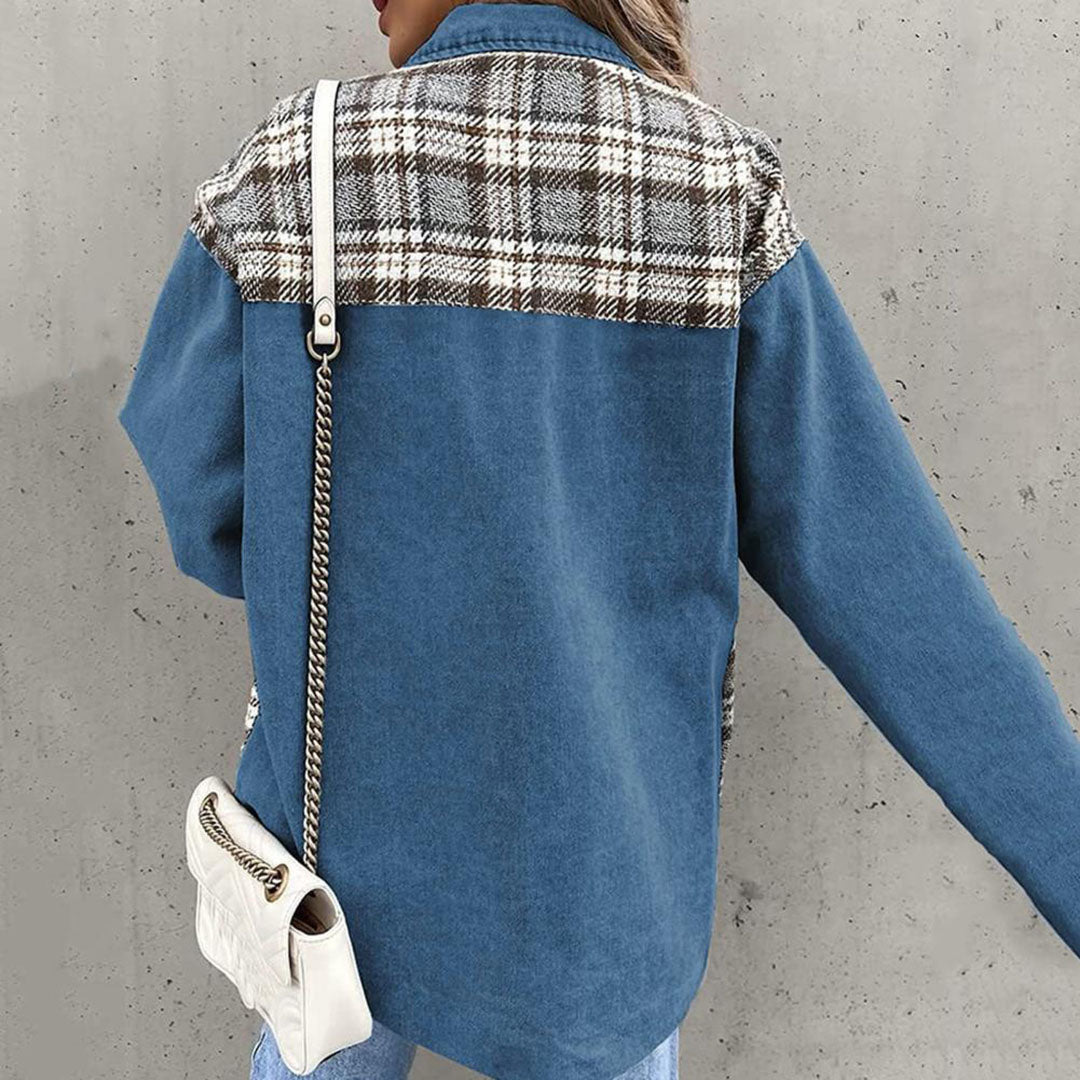 Fashionable chequered oversized denim jacket for women