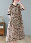 Khaki V-neck print linen dresses short sleeve