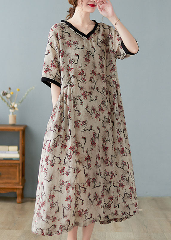 Khaki V-neck print linen dresses short sleeve