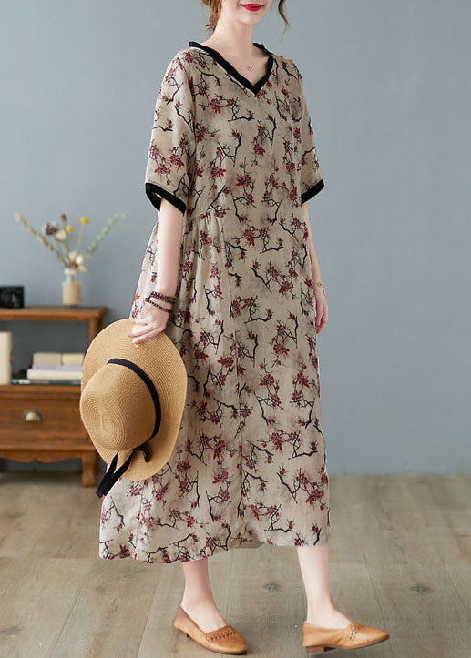 Khaki V-neck print linen dresses short sleeve