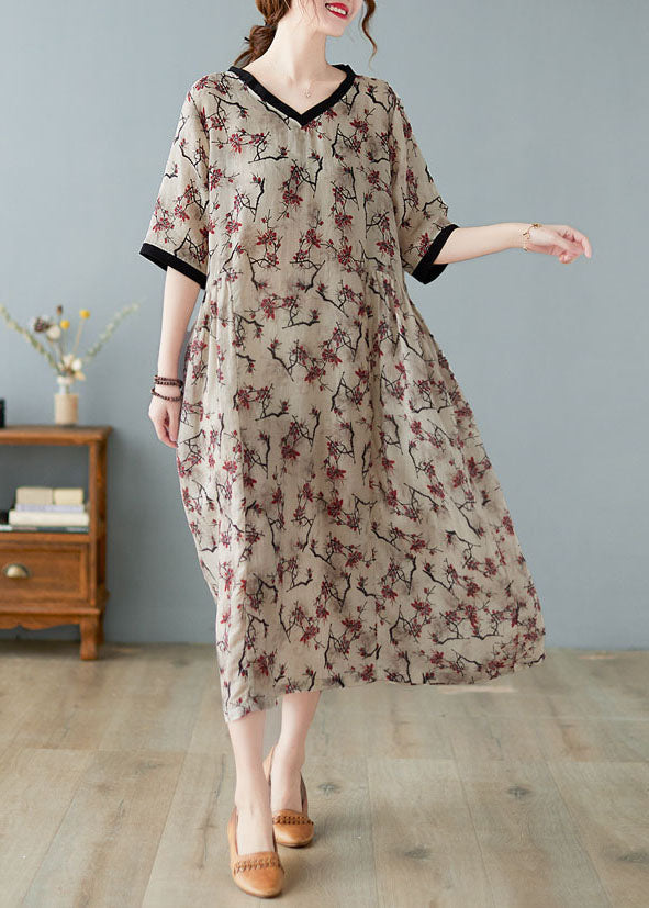 Khaki V-neck print linen dresses short sleeve