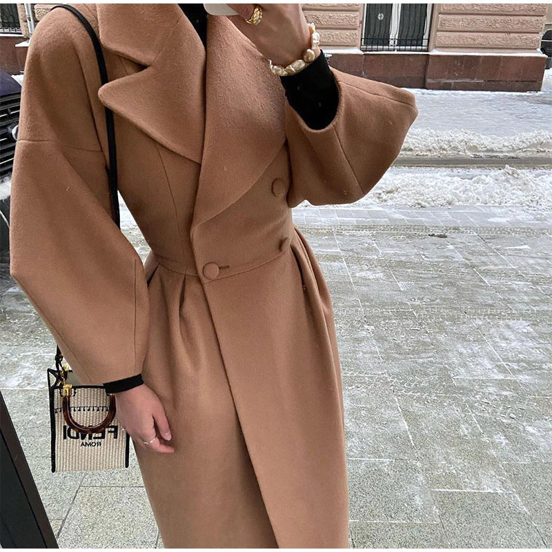 Double-breasted oversized ladies coat with collar