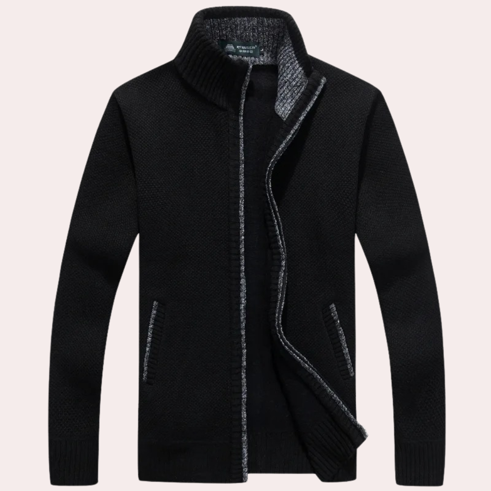 Men's - Knitted Zip-Up Cardigan - Plaid Lining