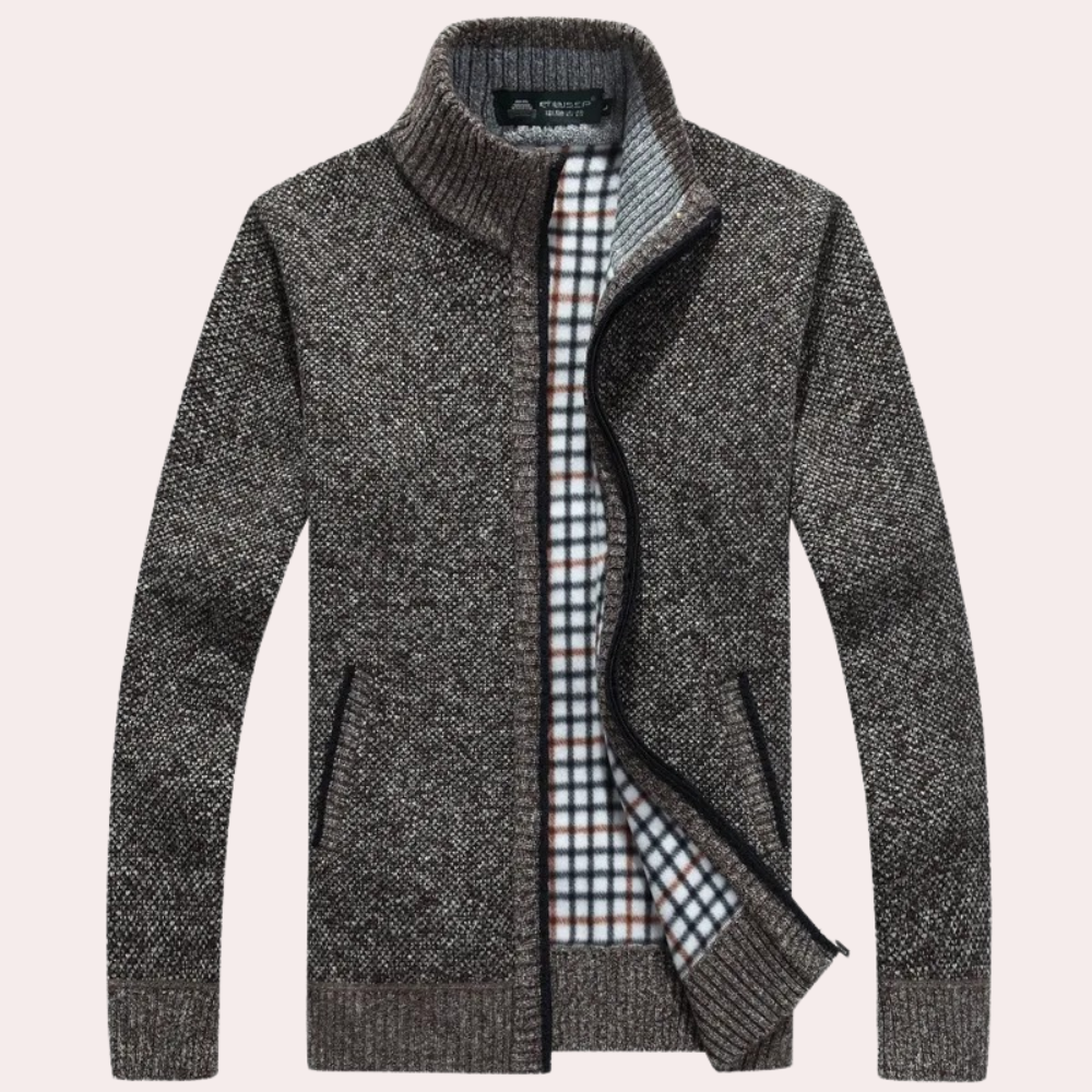 Men's - Knitted Zip-Up Cardigan - Plaid Lining