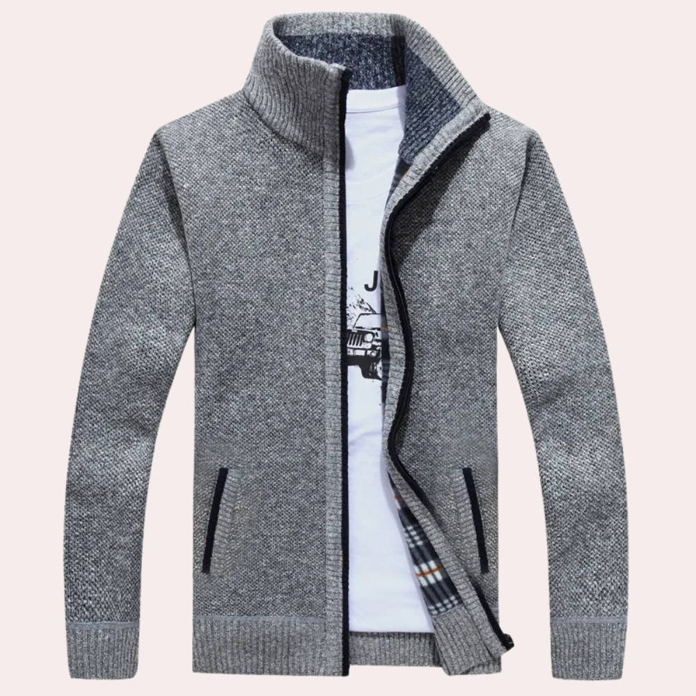 Men's - Knitted Zip-Up Cardigan - Plaid Lining