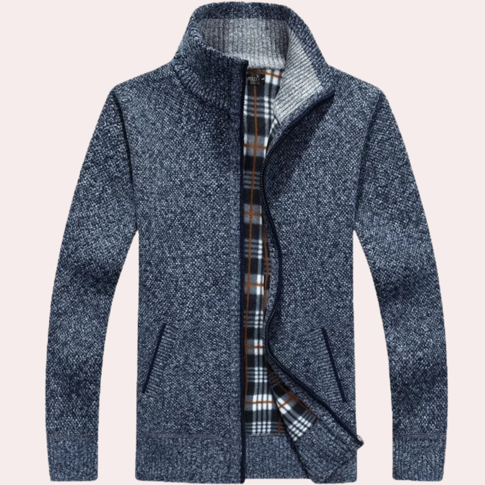 Men's - Knitted Zip-Up Cardigan - Plaid Lining