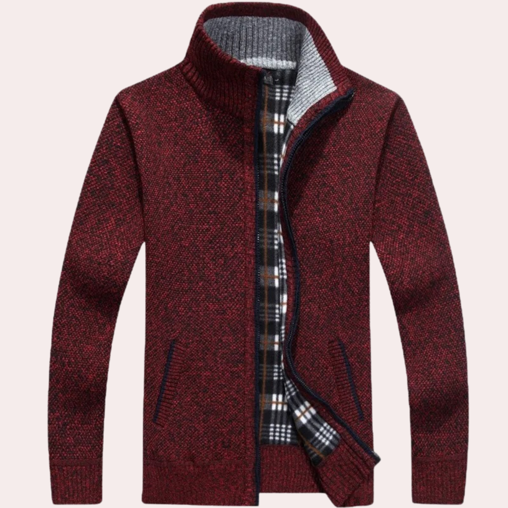 Men's - Knitted Zip-Up Cardigan - Plaid Lining