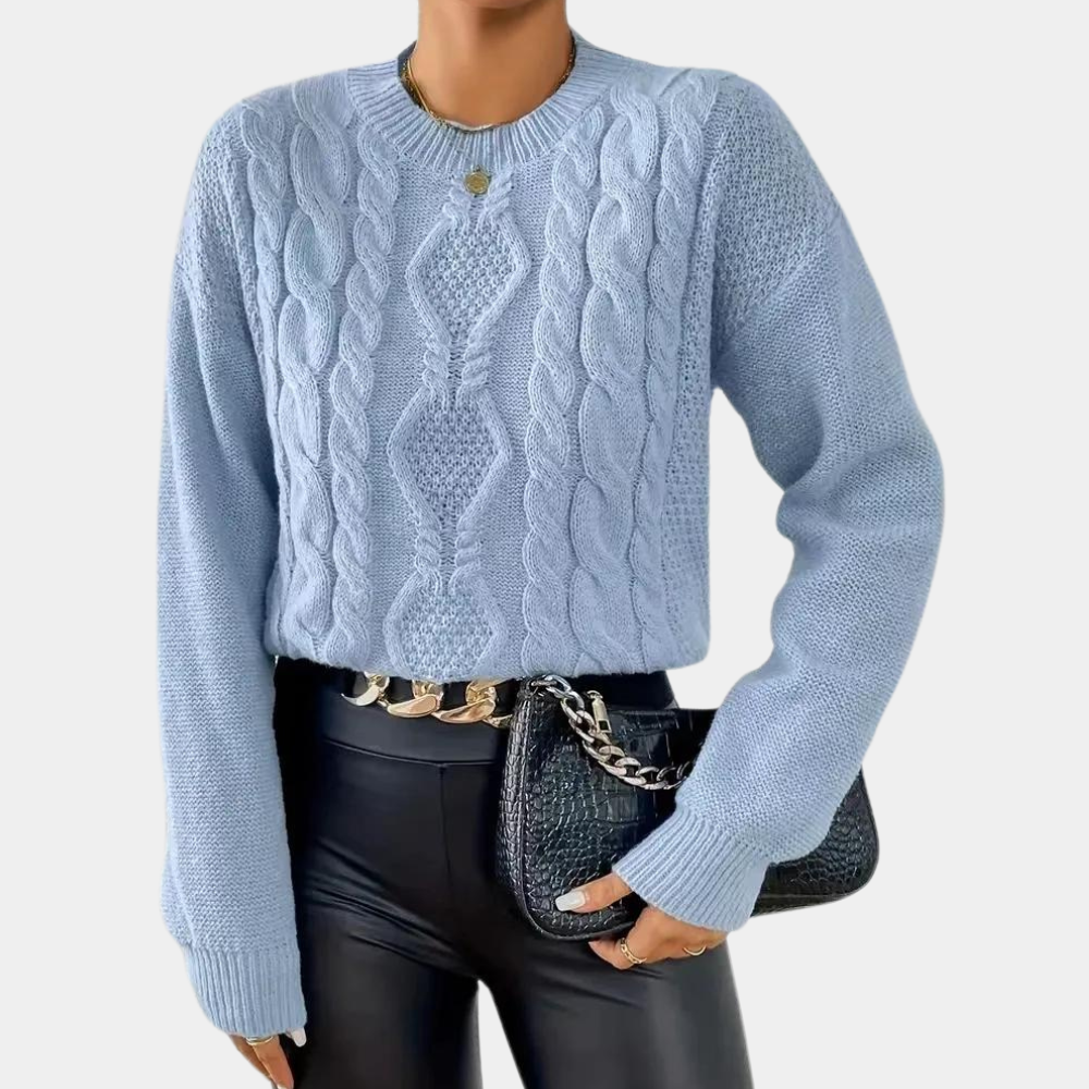 Women's - Blue Cable Knit Jumper - Round Neck