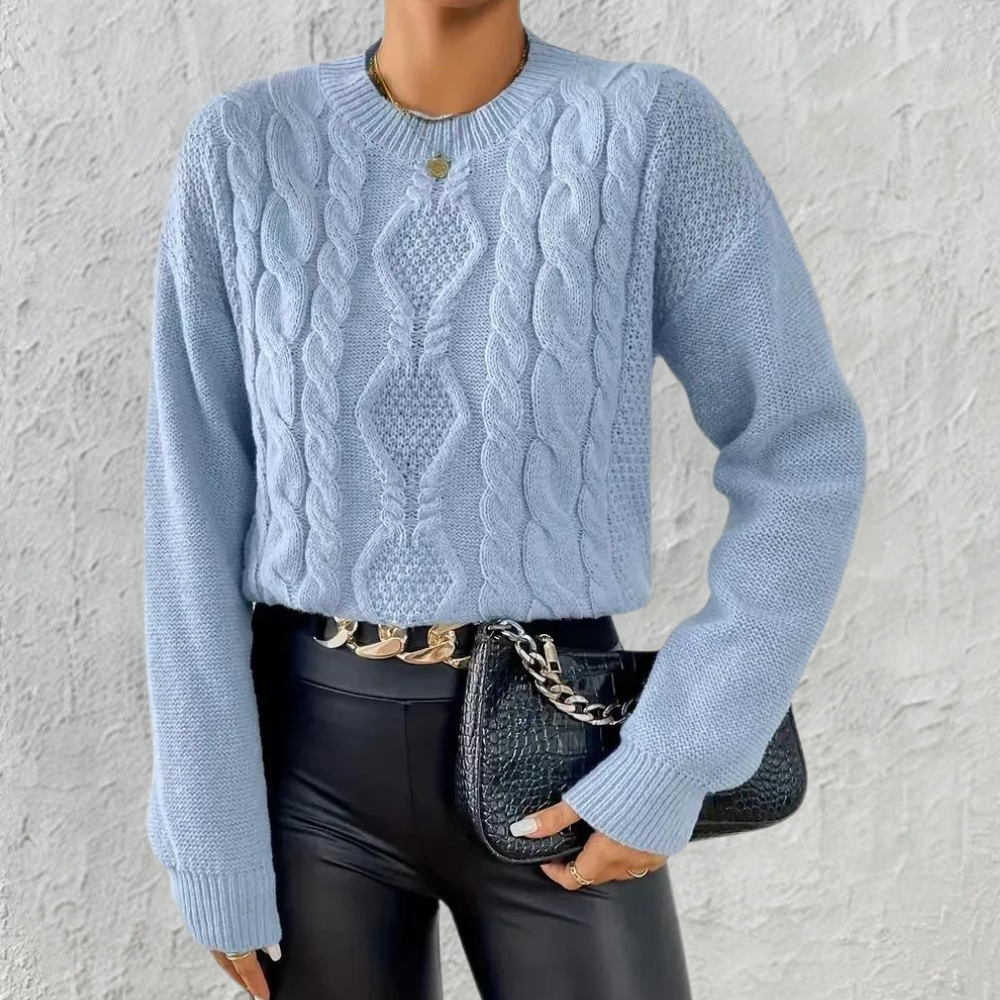 Women's - Blue Cable Knit Jumper - Round Neck