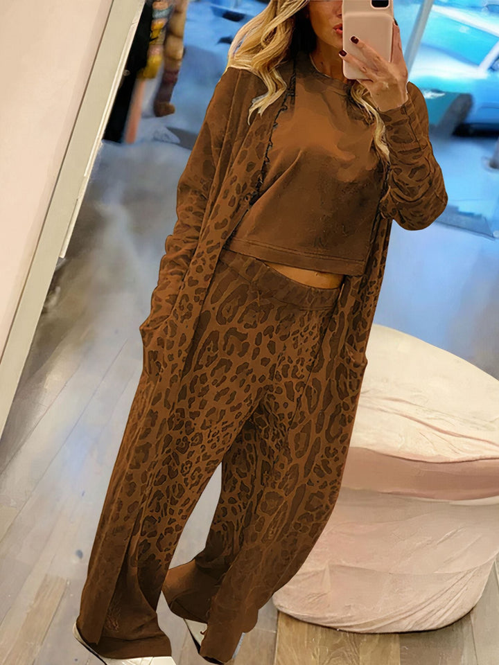 Leopard print cardigan and trousers set