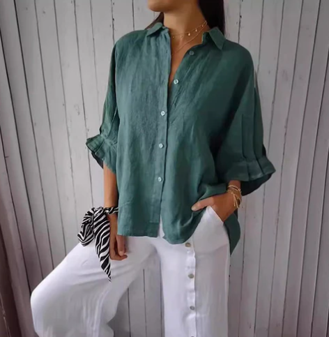 Cotton and linen blouse with button placket