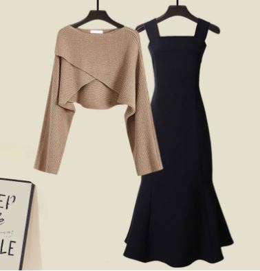 Two-piece set consisting of a high-quality cross-knit jumper and fishtail dress