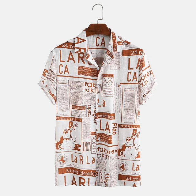 Newspaper print shirt with button placket