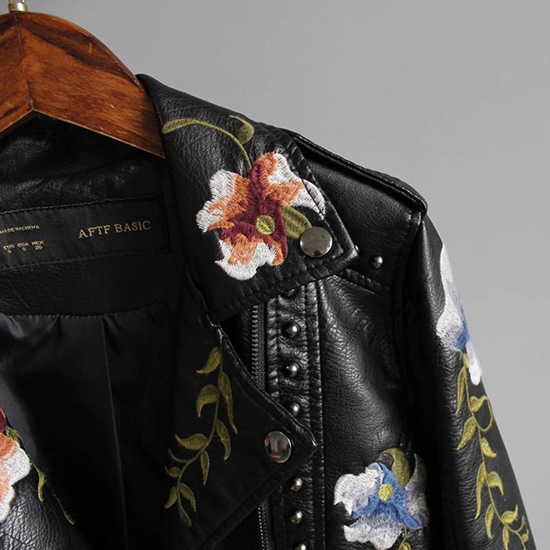 Streetwear jacket in soft leather with floral pattern