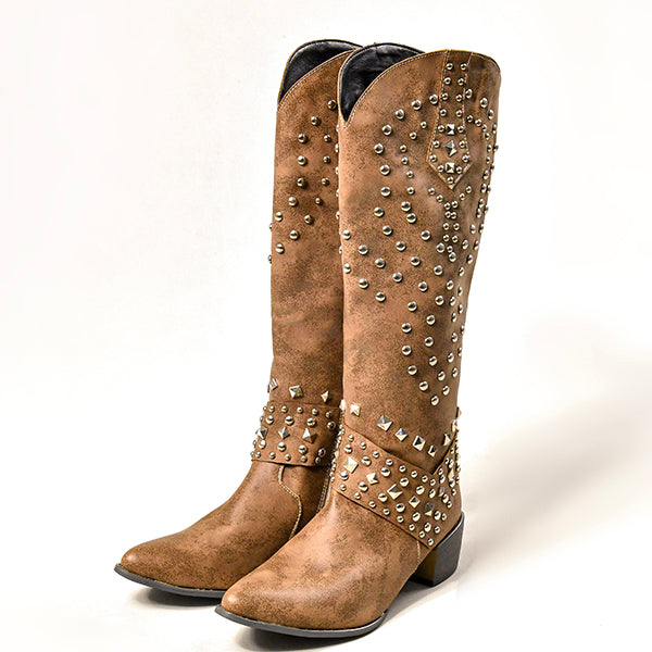 High boots with metal studs and cobby heel