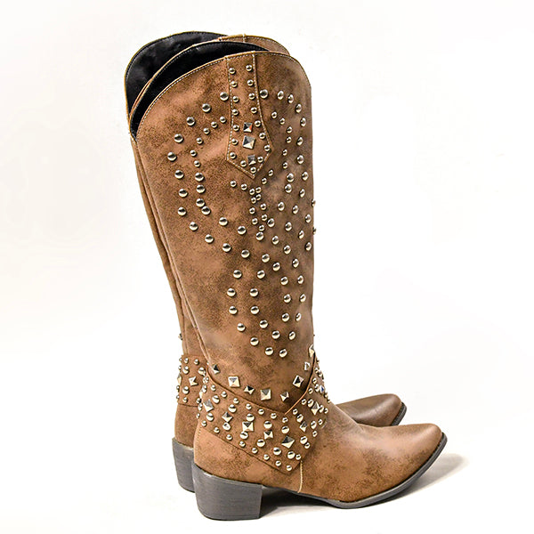 High boots with metal studs and cobby heel